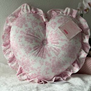 Loire Valley vintage inspired pink toile rose heart ruffle throw pillow NEW